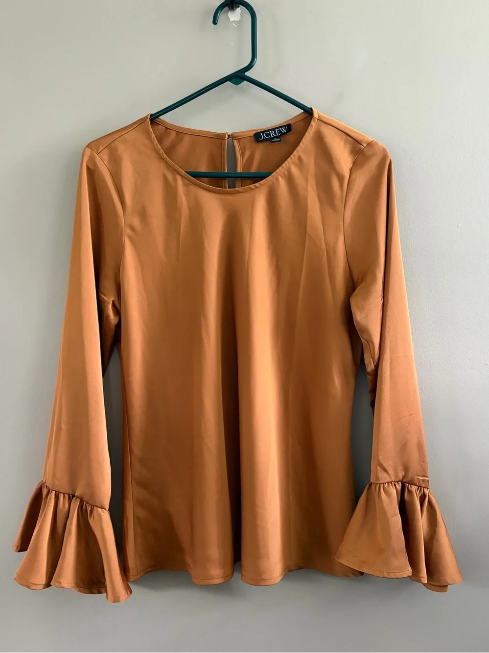 J. Crew Women's Bell‎ Sleeve Satin Blouse Size M Copper Gold